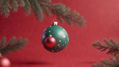 The primary subject of the image is a Christmas ornament, which is a green and white ball with a red ornament in the center. The ornament is hanging from a tree, which serves as the setting and background of the image. The visual style of the image is a combination of photo and digital art, creating a festive and colorful atmosphere. The dominant colors in the image are green, white, and red, which are associated with the holiday season.